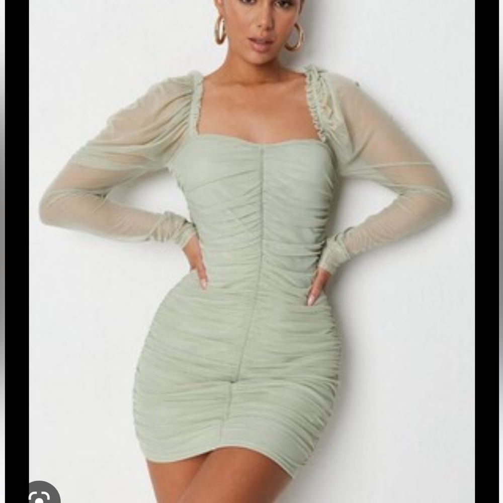 Missguided Petite ruched mesh mini dress with long sleeve in sage